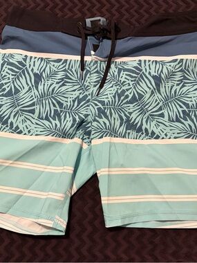 Men's Tropical Stripe Swim Board Shorts in Mint Blue